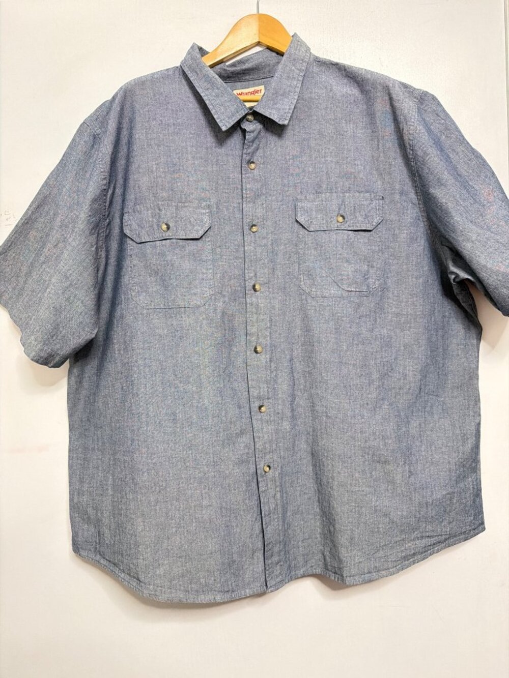 Wrangler Men 3XL Chambray Button-Up Shirt With Pockets Cotton Blue Short Sleeves
